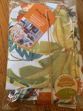 Tommy Bahama Umbrella Tablecloth with zipper. Green and Orange Tropical Leaves
